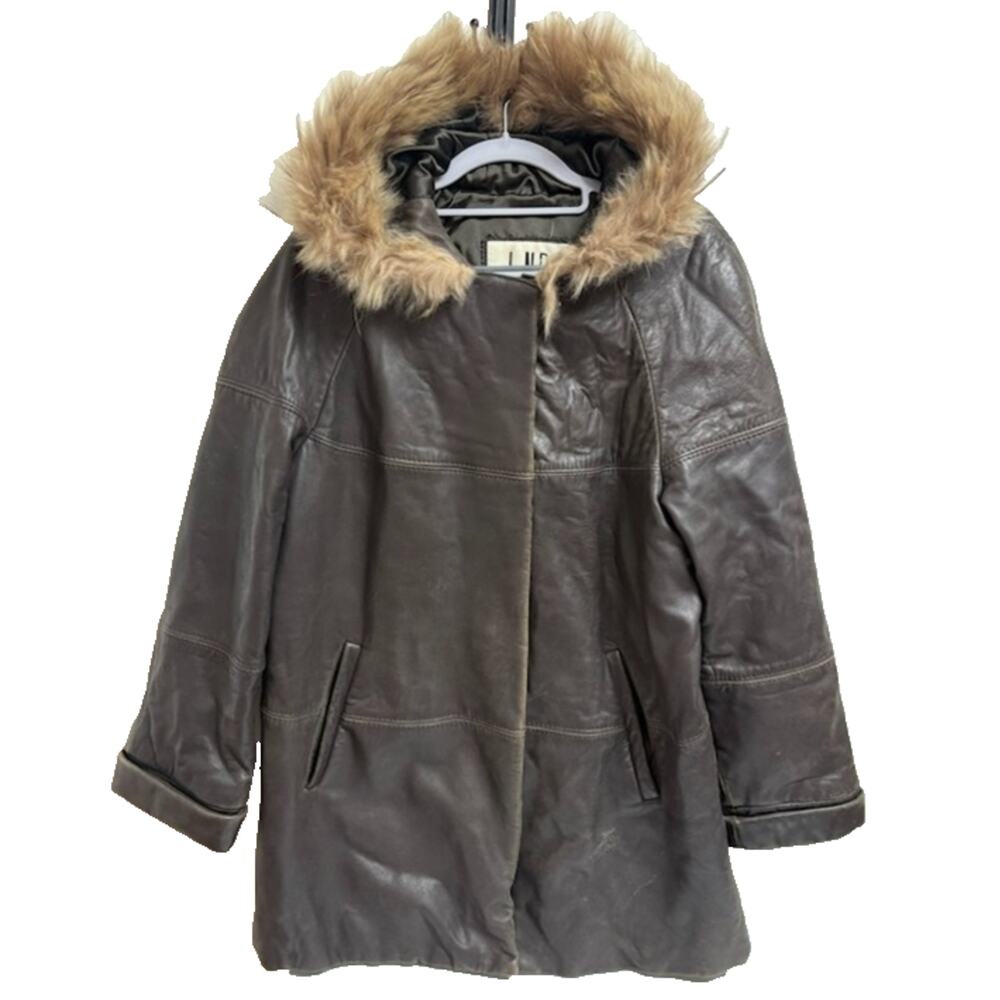 LNR Genuine Leather Hooded Coat Womens Small Oversized Brown Raccoon Fur Trim